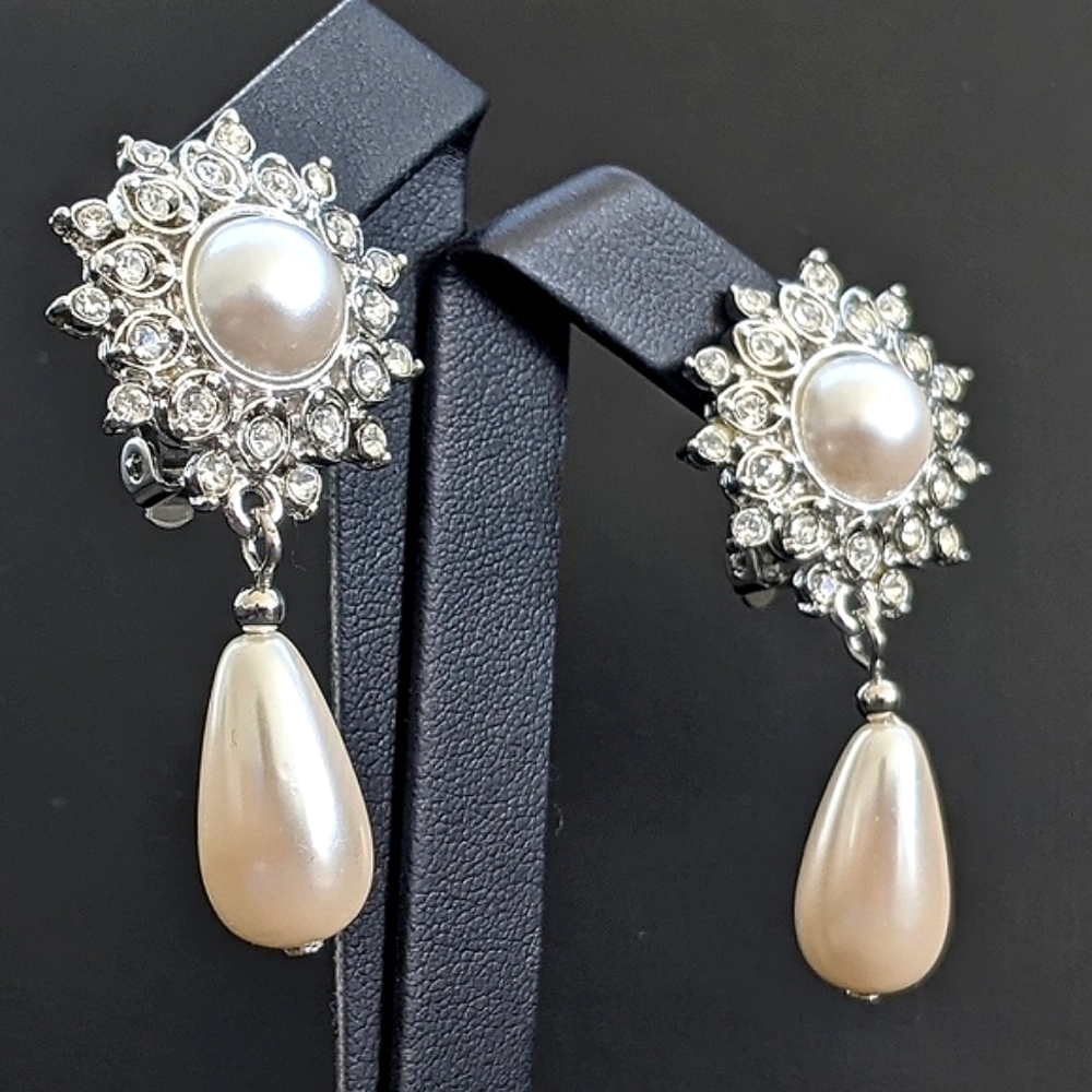 ERWIN PEARL Vintage Rhinestone Sunburst Faux Pearl Teardrop Drop Earrings - Picture 4 of 6